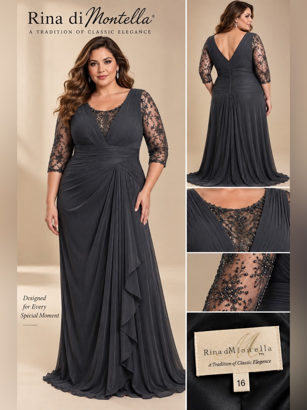 Rina diMontella Black Beaded Lace Formal Evening Gown Plus Size 16